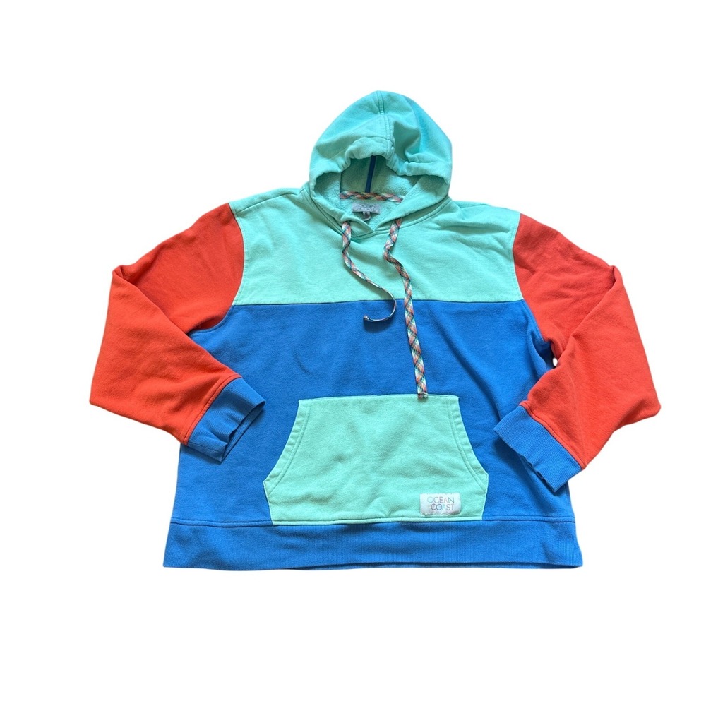 Ocean + Coast Hoodie Women Blue Teal Coral Colorblock Relaxed SIZE XL